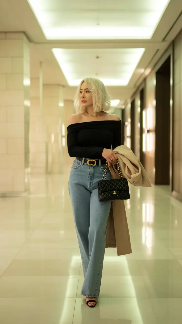 modern spring going out outfits 2026 off shoulder denim