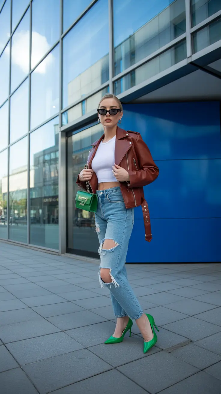 modern spring going out outfits 2026 leather jacket denim