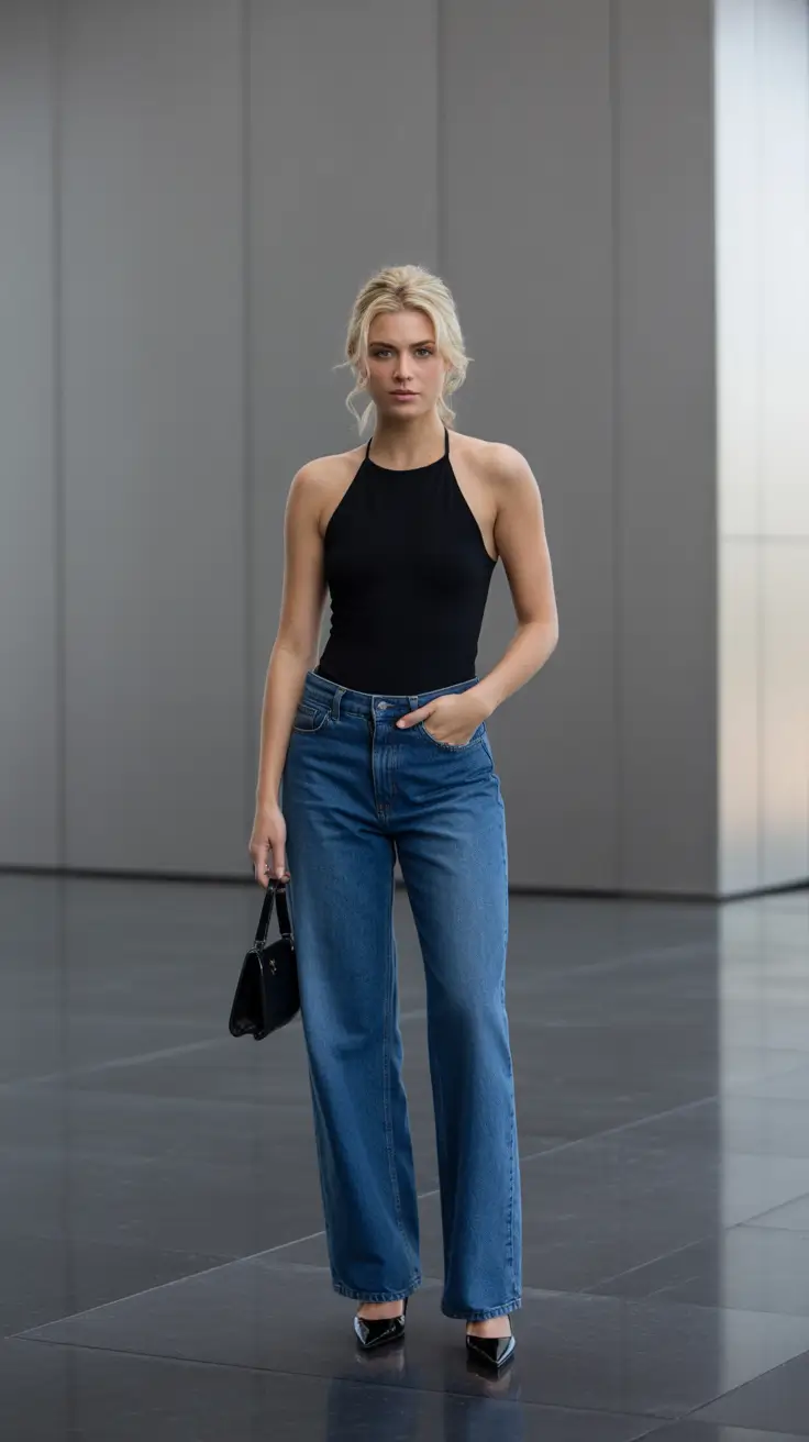 modern spring going out outfits 2026 halter top denim