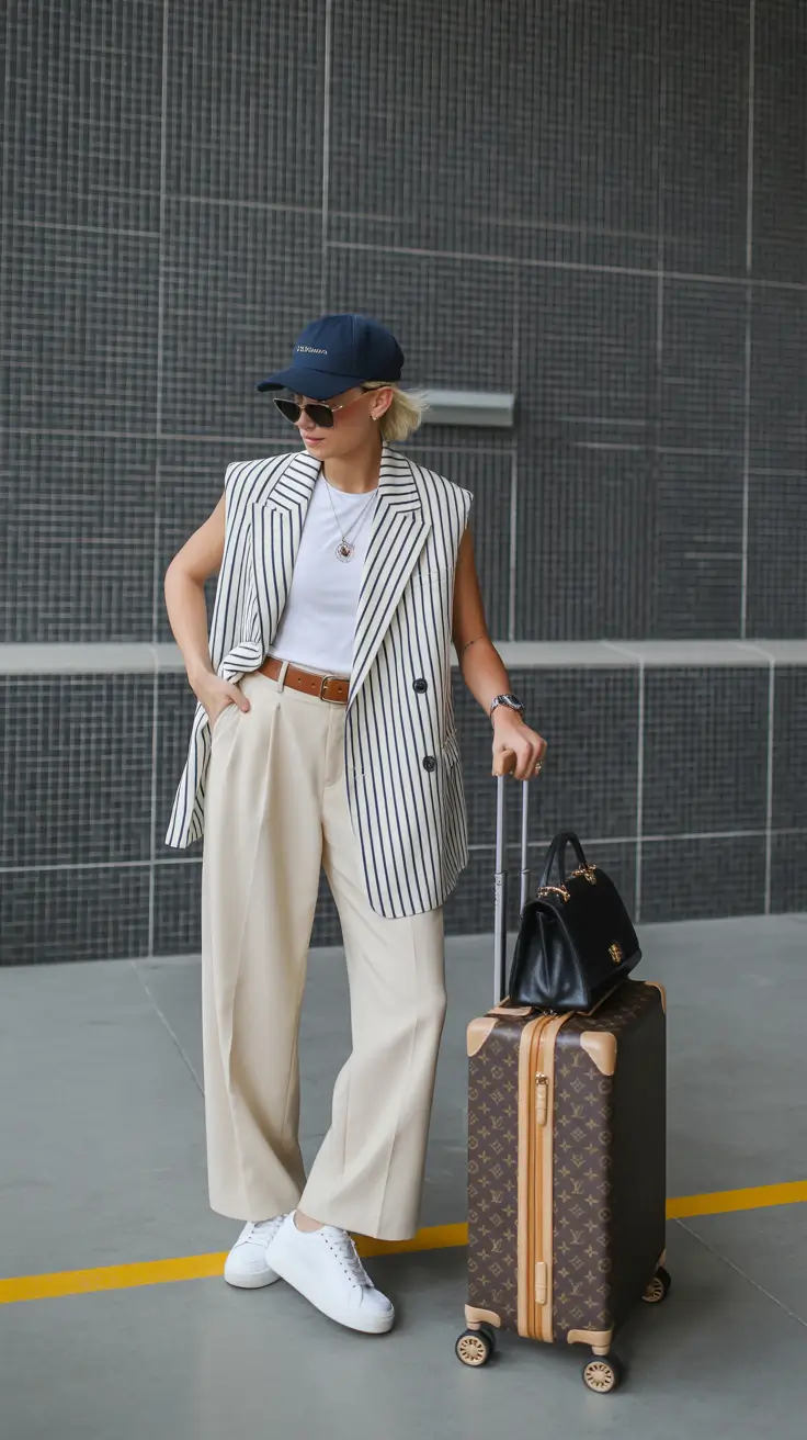 modern spring travel outfits 2026 Striped Tailoring Travel Style