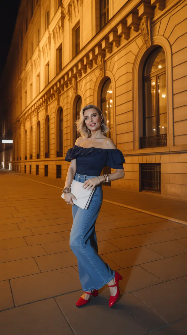 simple spring outfits for women over 40 2026 Evening Denim With a Feminine Edge