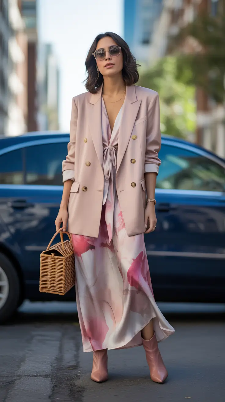 sophisticated spring wedding outfit 2026 Soft Blush Layers With Effortless City Elegance