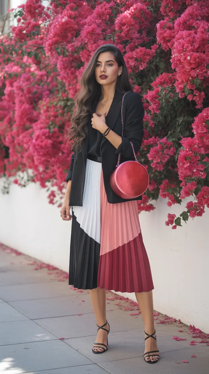 sophisticated spring wedding outfit 2026 Graphic Pleats With Confident Contrast