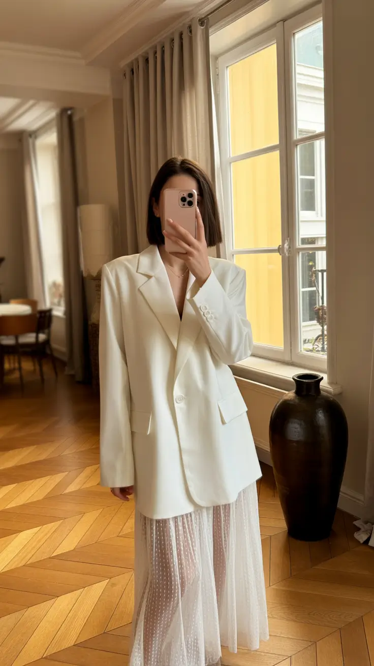 sophisticated spring wedding outfit 2026 Ivory Tailoring With Romantic Transparency