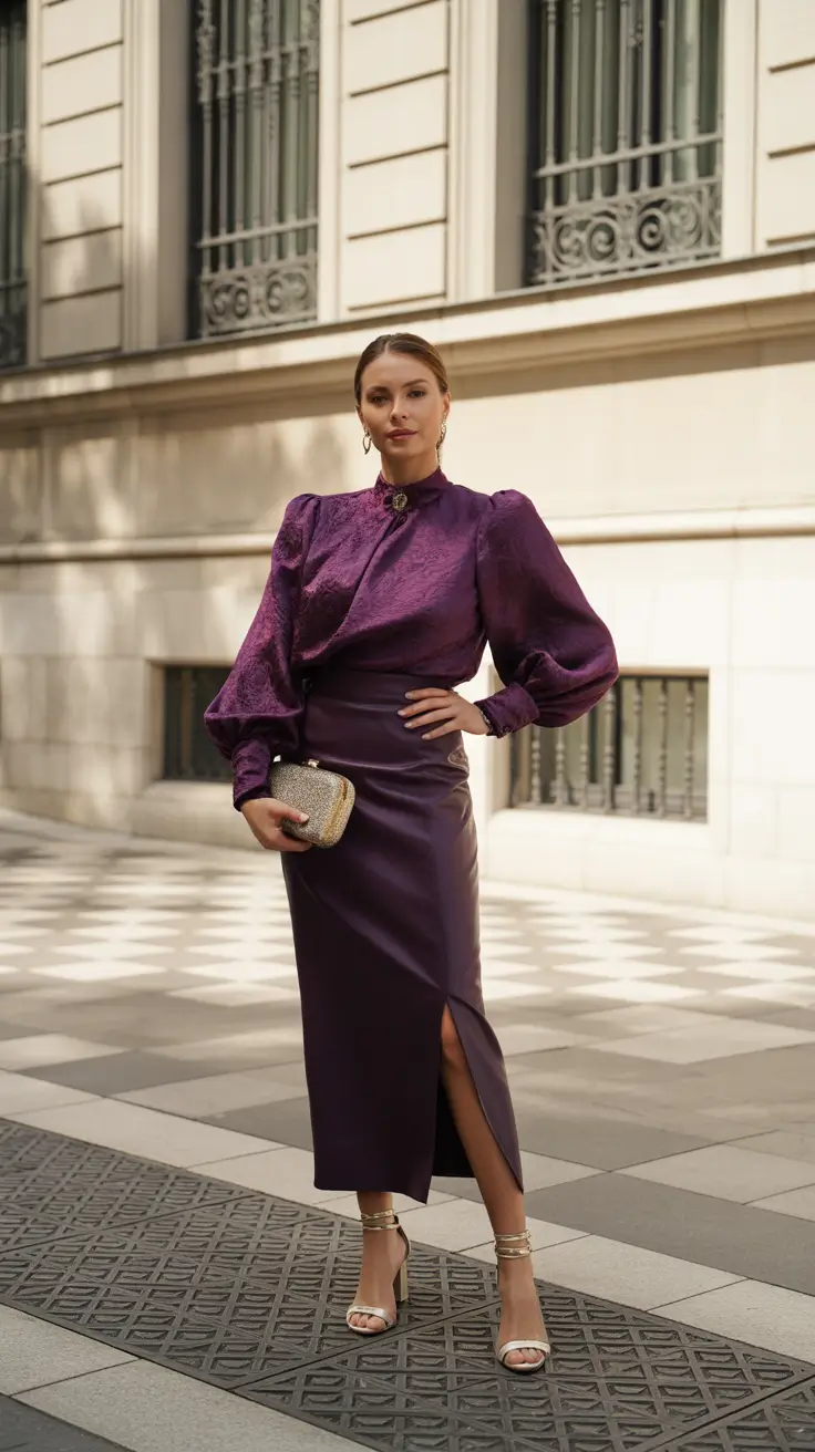 sophisticated spring wedding outfit 2026 Deep Plum Elegance For Formal Spring Evenings