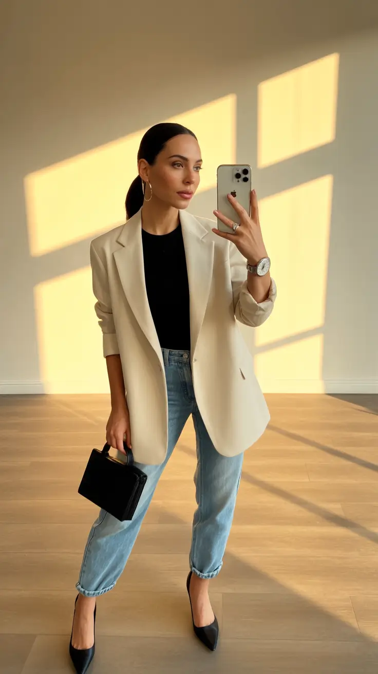 spring blazer outfits for work 2026 Casual Denim Meets Tailored Intent