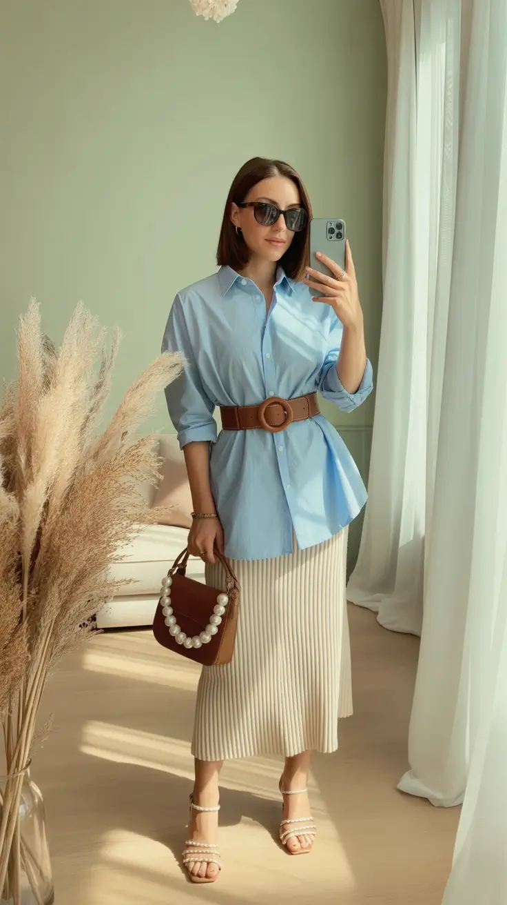 spring formal outfits ideas 2026 Soft Blue Shirting Styled Into a Formal Silhouette