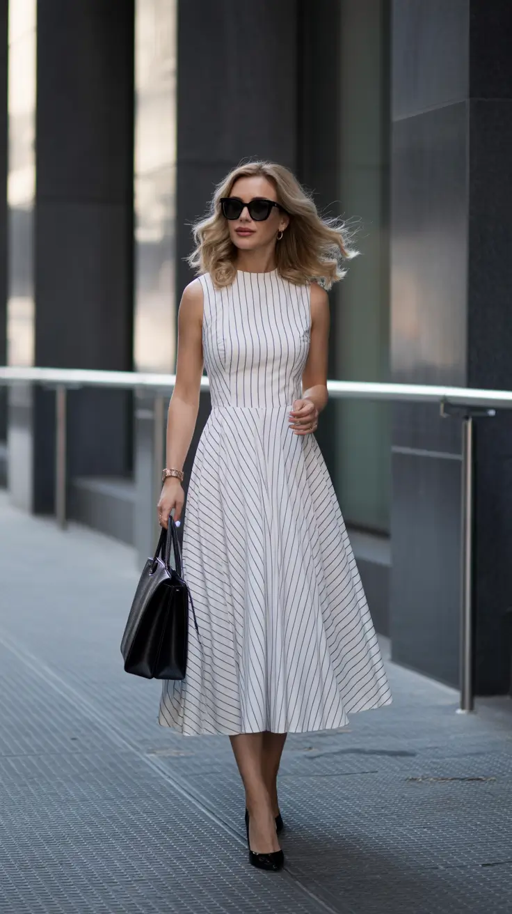 spring formal outfits ideas 2026 Striped Dresses That Feel Sharp, Not Sweet
