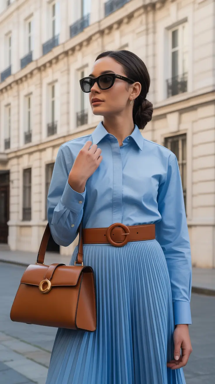 spring formal outfits ideas 2026 Crisp Blue Classics With Parisian Energy