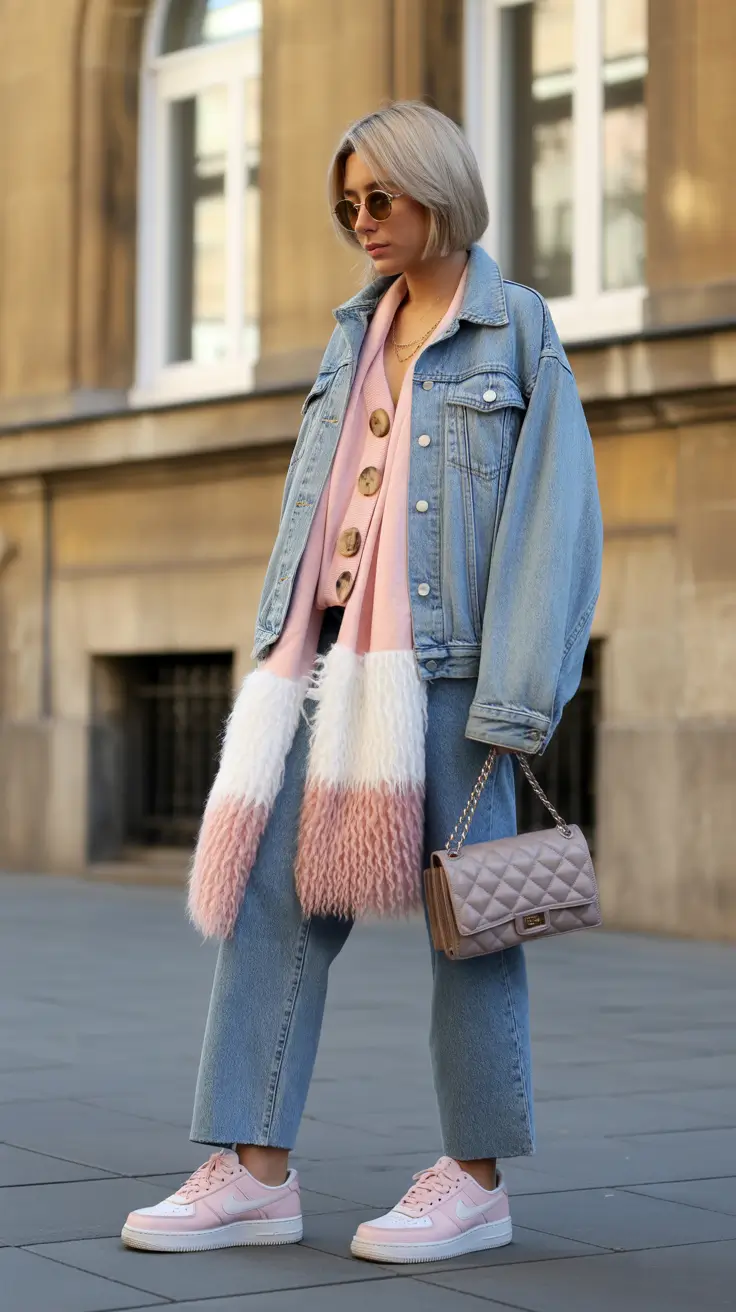 trending cold spring outfit 2026 Denim Layers With a Soft Feminine Core