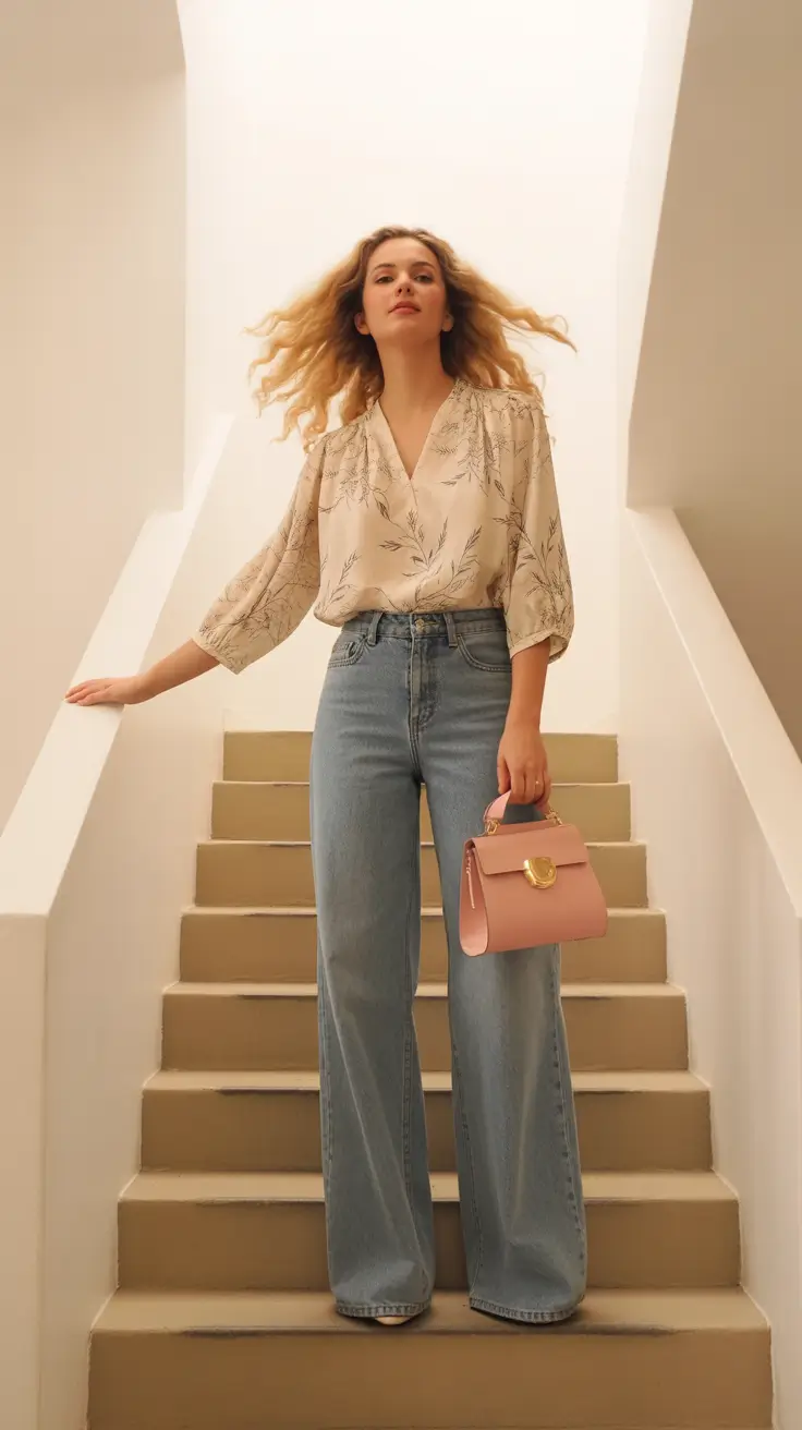 vibrant spring mom outfits 2026 Soft Blouses and Wide Denim With a Feminine Finish