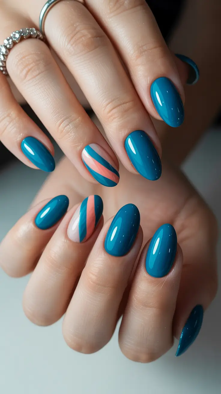 stylish classy spring nails 2026 Teal Gloss with Diagonal Graphic Contrast