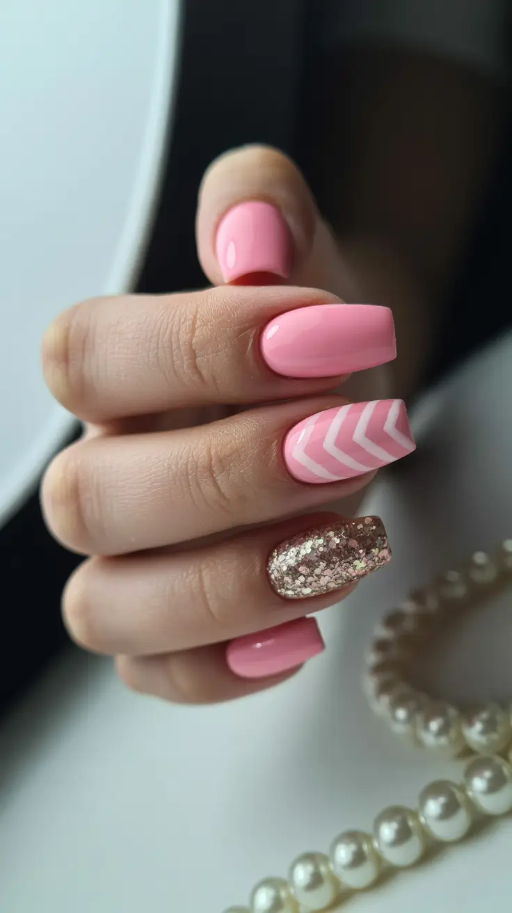 stylish classy spring nails 2026 Soft Pink Chevron Accent with Champagne Glitter Detail