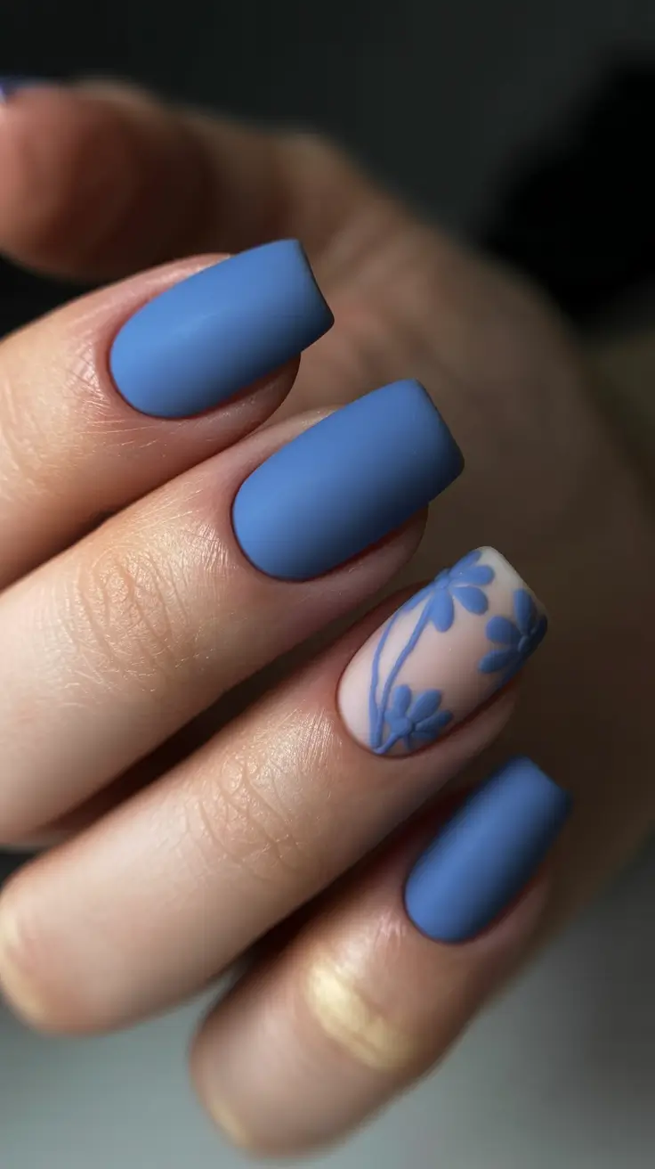 stylish classy spring nails 2026 Matte Cornflower Blue with Botanical Accent Detail