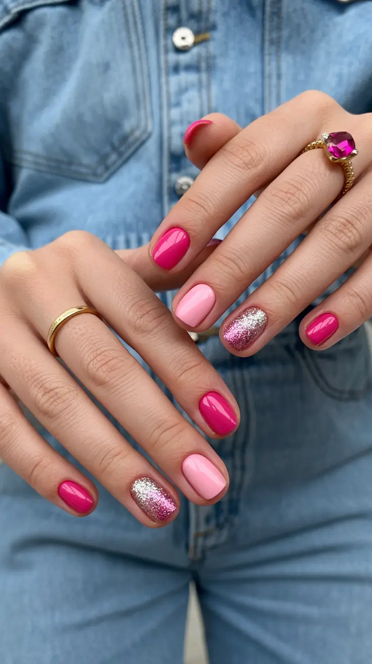 stylish classy spring nails 2026 Pink Duo with Rose Glitter Accent Harmony