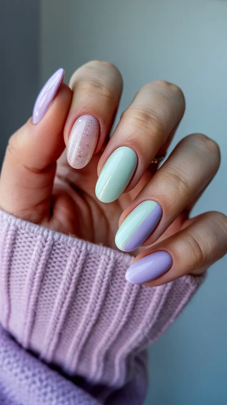 stylish classy spring nails 2026 Pastel Mint and Lavender with Sugar Sparkle Softness