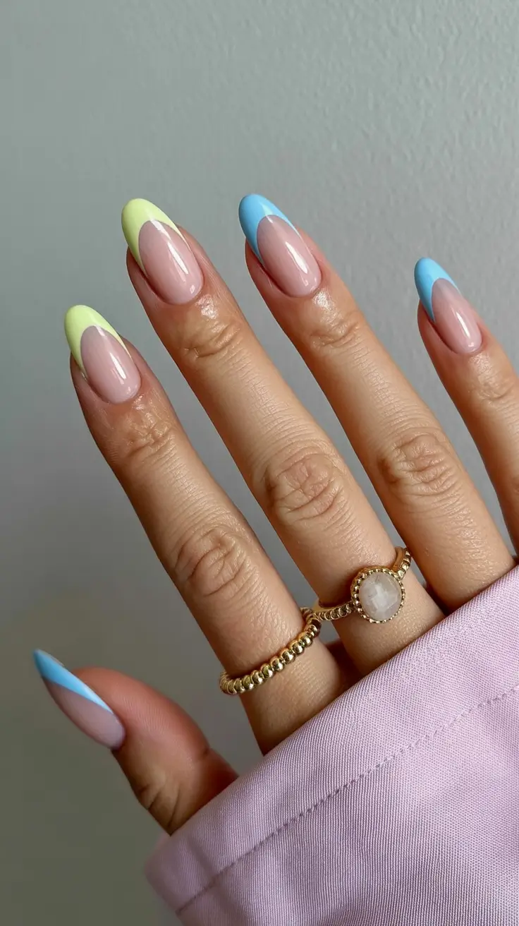 stylish classy spring nails 2026 Pastel French Remix with Alternating Spring Tips