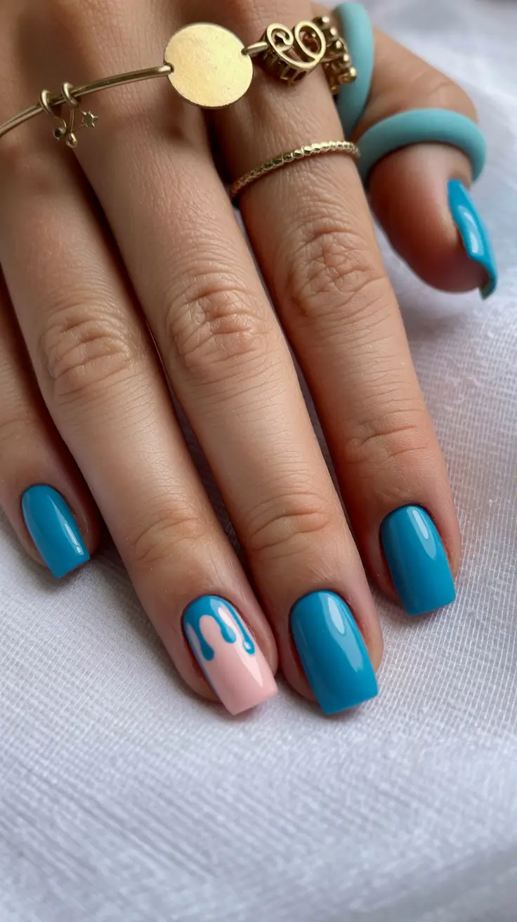 stylish classy spring nails 2026 Turquoise Gloss with Playful Drip Accent Detail