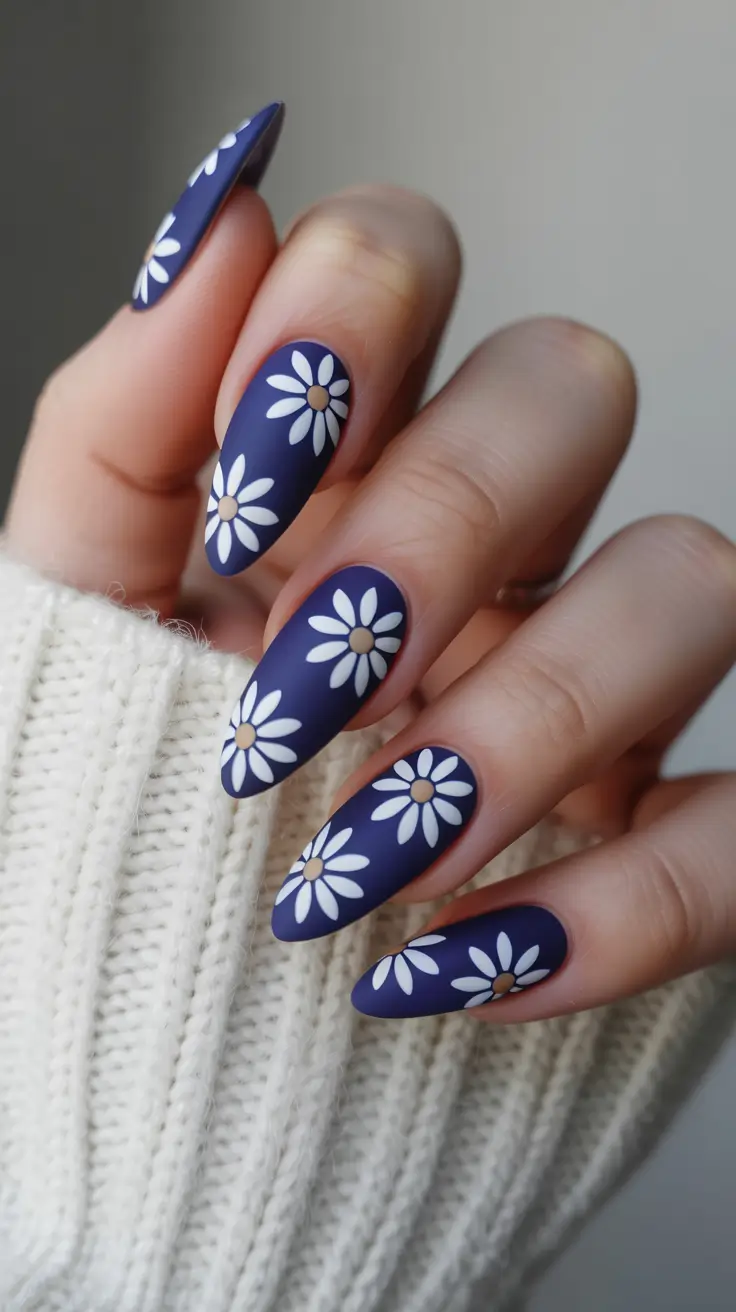 stylish classy spring nails 2026 Matte Indigo Daisy Garden Statement