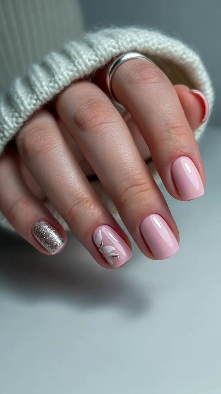 stylish classy spring nails 2026 Soft Blush Minimalism with Metallic and Botanical Accents