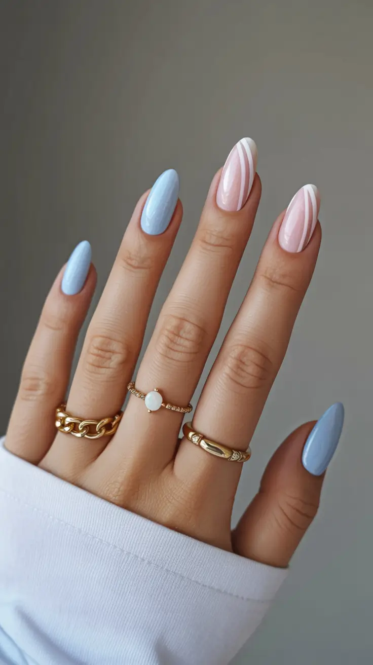stylish classy spring nails 2026 Powder Blue and Blush Swirl Minimalism
