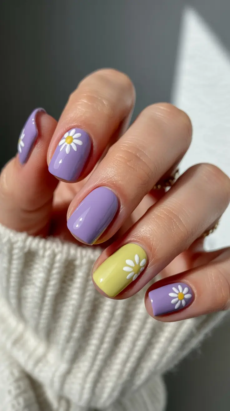 stylish classy spring nails 2026 Playful Daisy Pastels with Retro Charm
