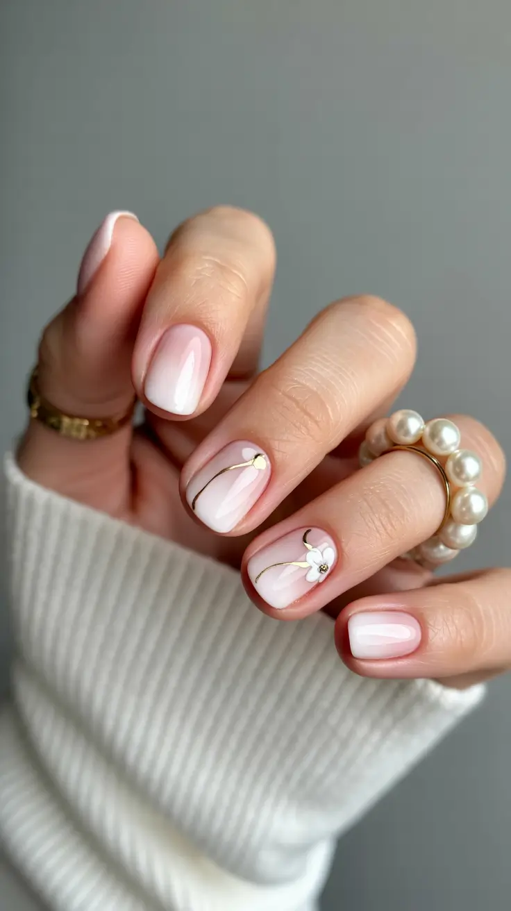 stylish classy spring nails 2026 Milky Sheer Florals with Gold Whisper Lines