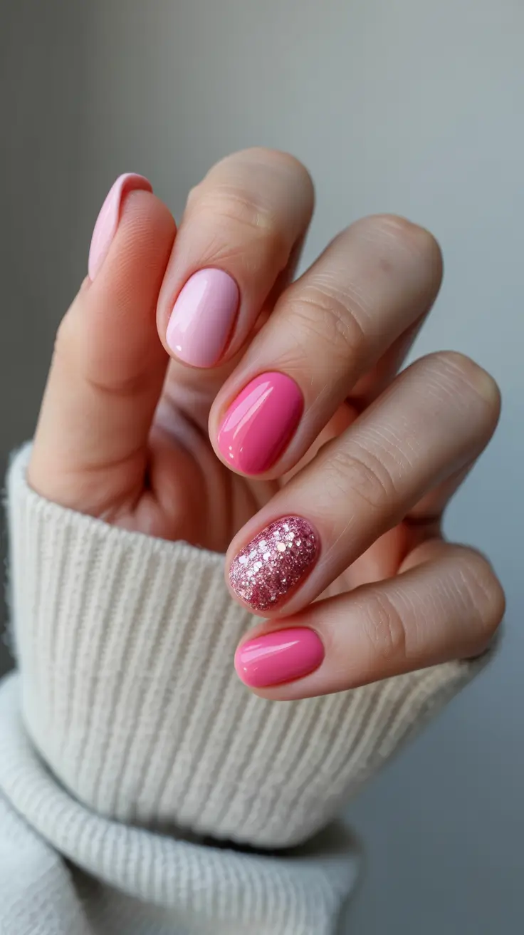 stylish classy spring nails 2026 Rosy Gloss with Glitter Accent Confidence