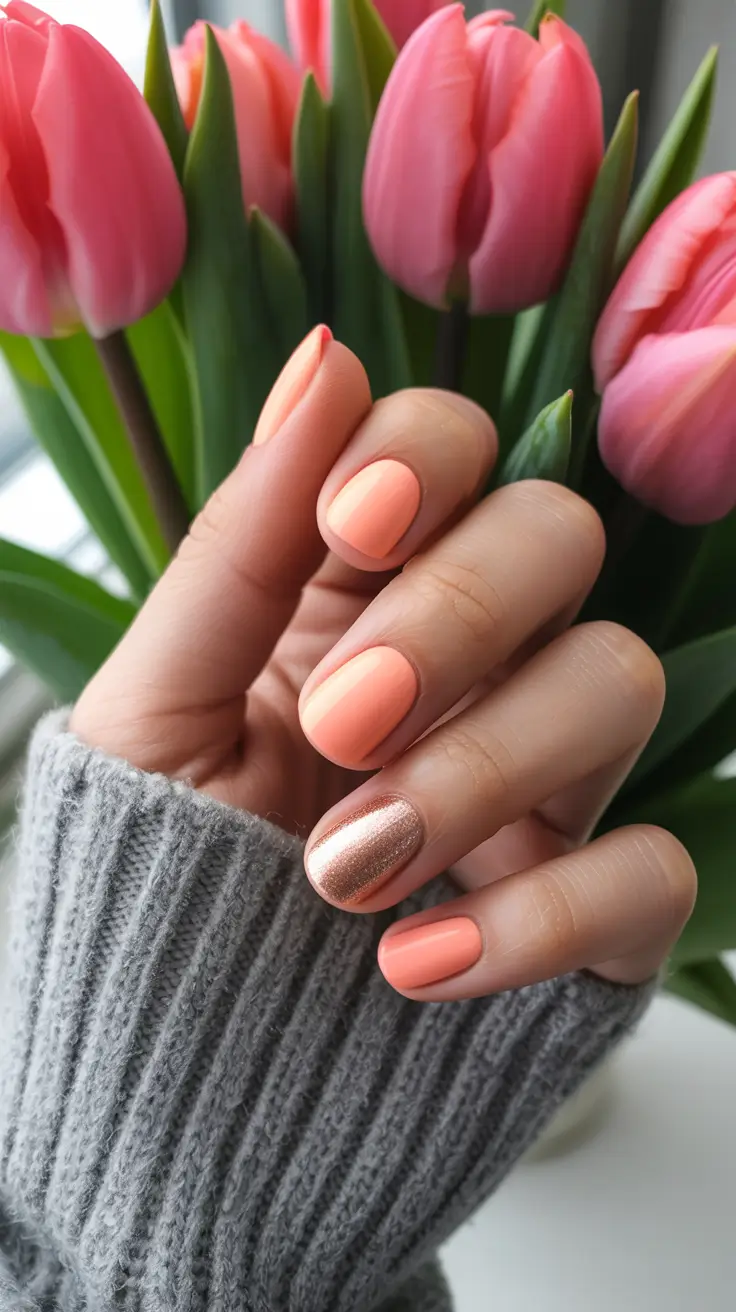 stylish classy spring nails 2026 Apricot Cream with Champagne Glow Accent