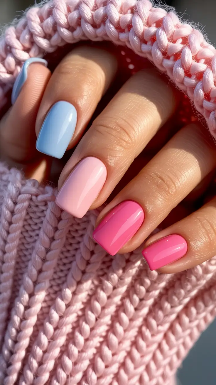 stylish classy spring nails 2026 Pastel Trio Color Blocking for Soft Spring Statements