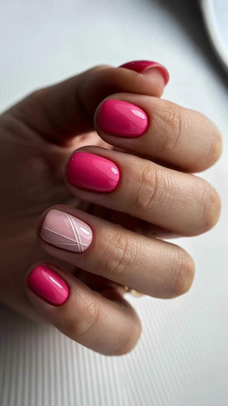 stylish classy spring nails 2026 Modern Pink Minimal Lines with Accent Geometry