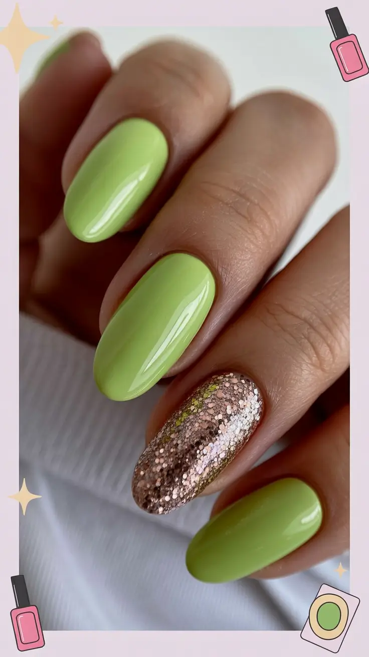 stylish classy spring nails 2026 Fresh Pistachio Gloss with Champagne Sparkle Accent