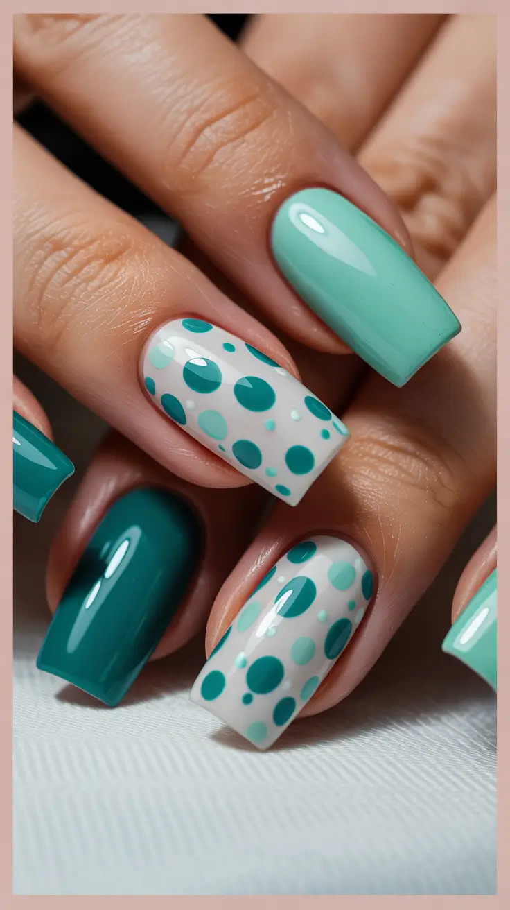 best trendy spring nails 2026 Mint Polka Mix - playful contrast with a modern edge