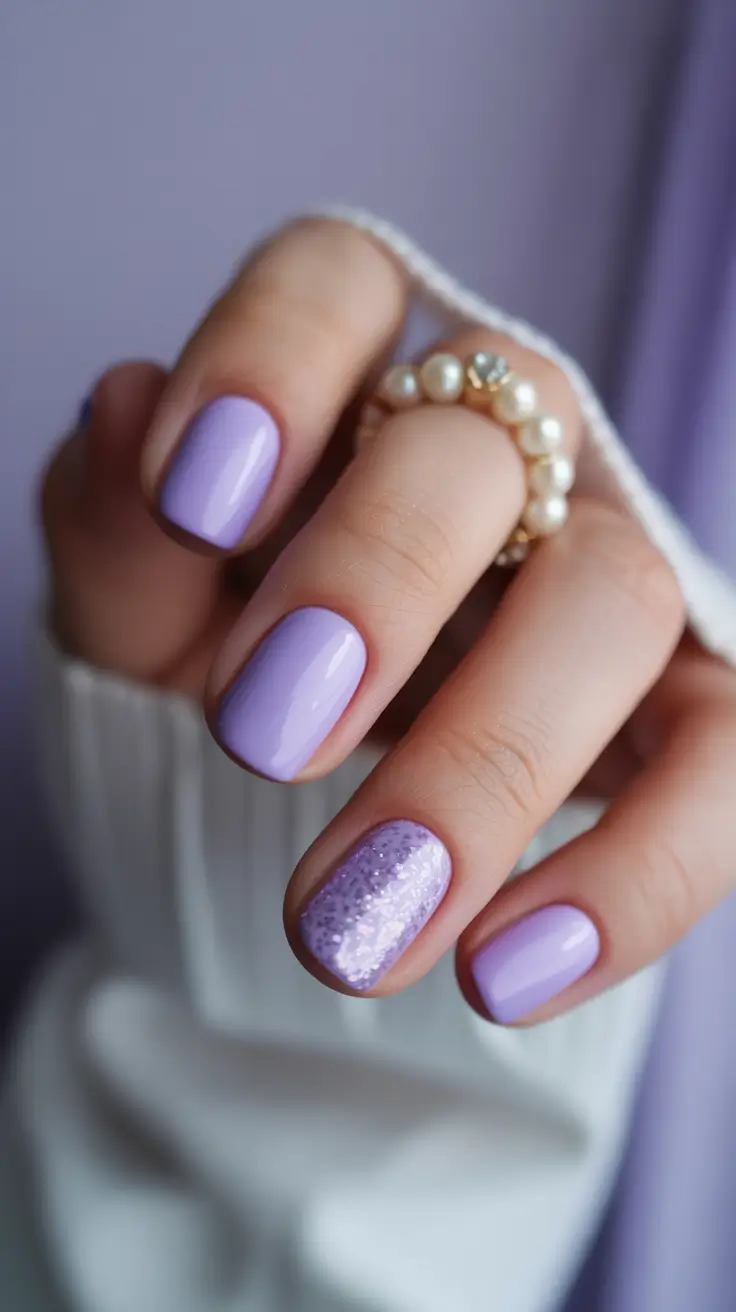 best trendy spring nails 2026 Lilac Cream with Sugar Glitter Accent