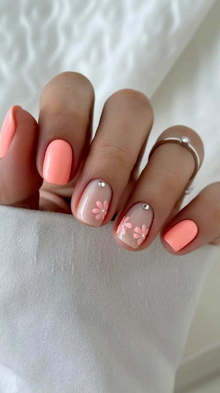 best trendy spring nails 2026 Peach Blossom Charm with Delicate Floral Accents