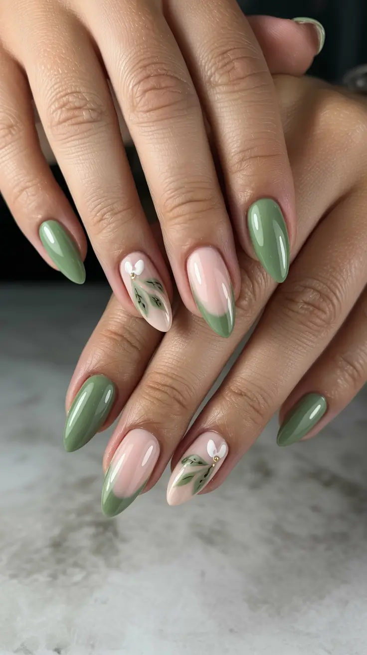 best trendy spring nails 2026 Botanical Green French with Hand-Painted Florals