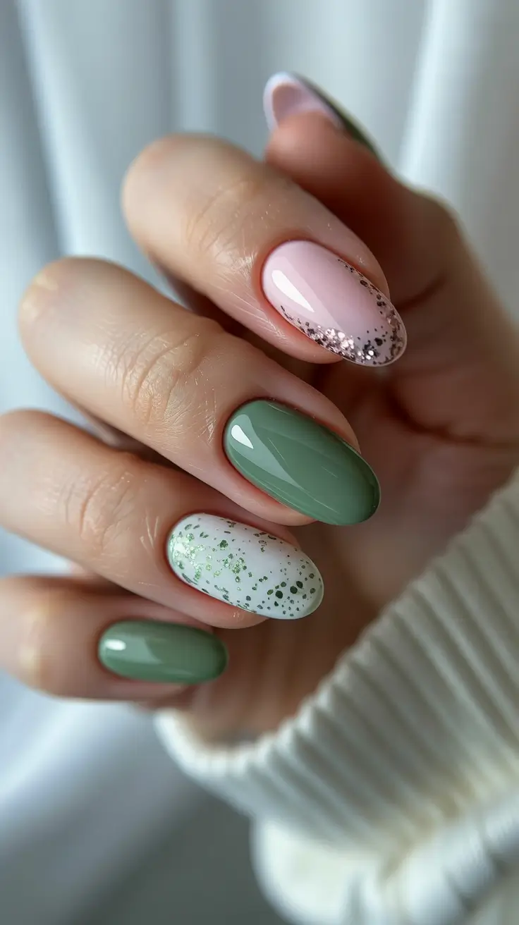 best trendy spring nails 2026 Soft Botanical Speckles with Almond Elegance