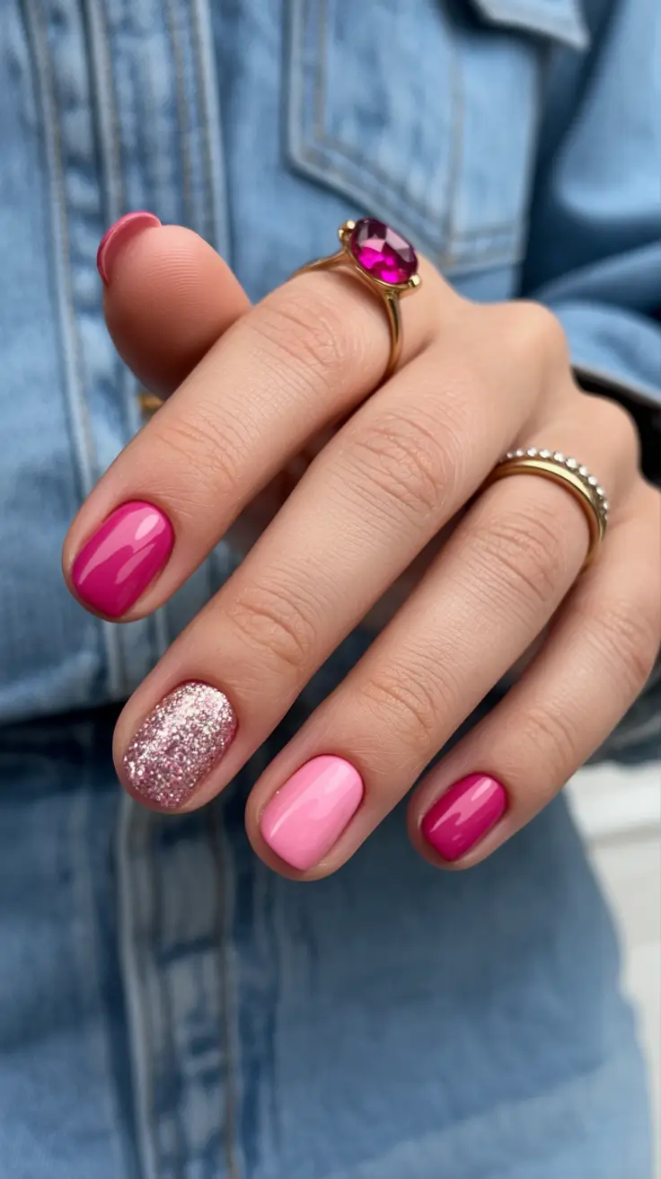 best trendy spring nails 2026 Pink Mix with Rose Gold Sparkle Accent