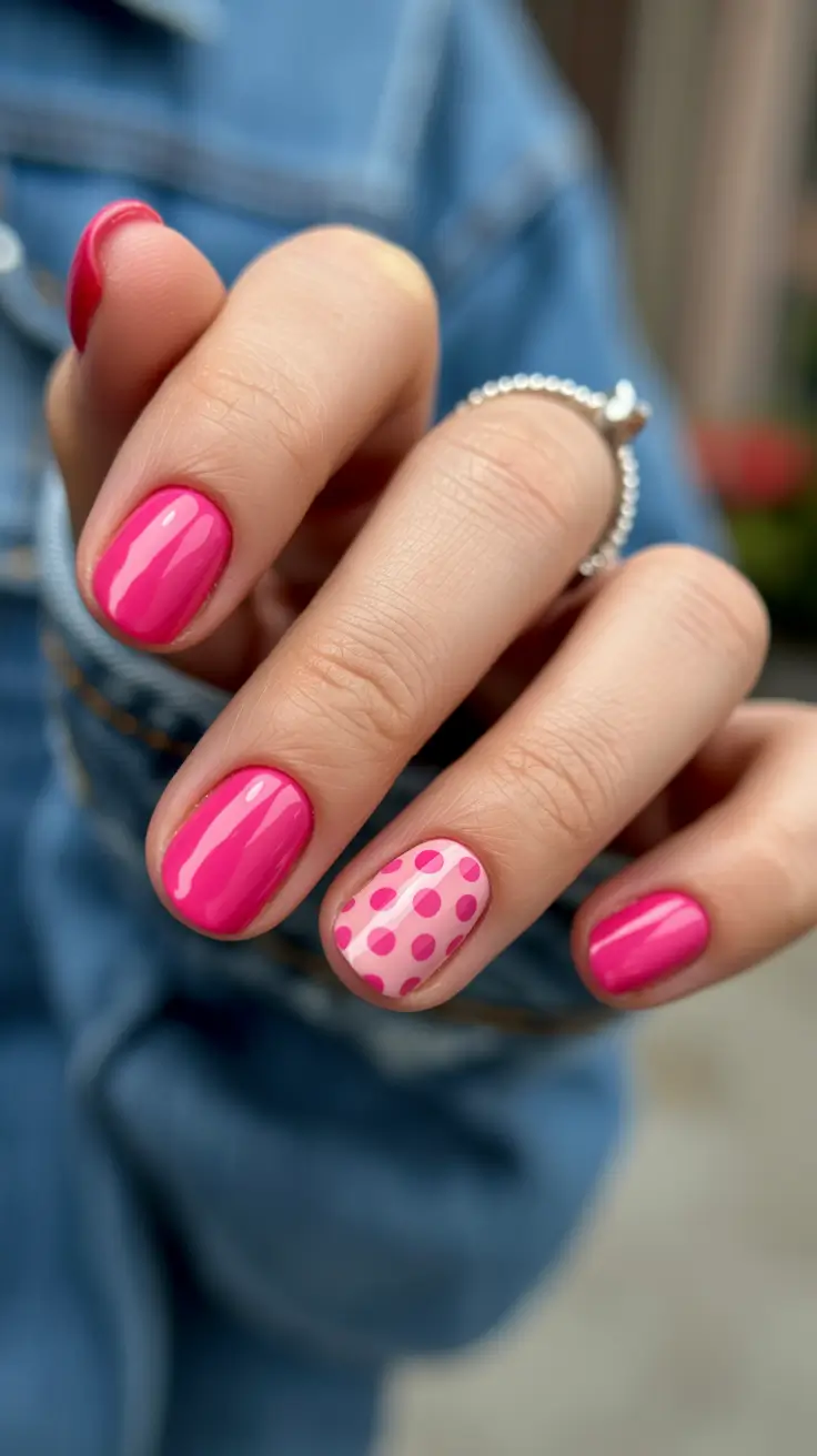 best trendy spring nails 2026 Hot Pink Pop with Retro Polka Accent