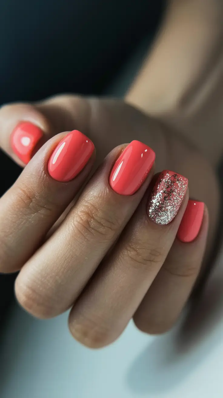 best trendy spring nails 2026 Coral Glow with Champagne Sparkle Accent