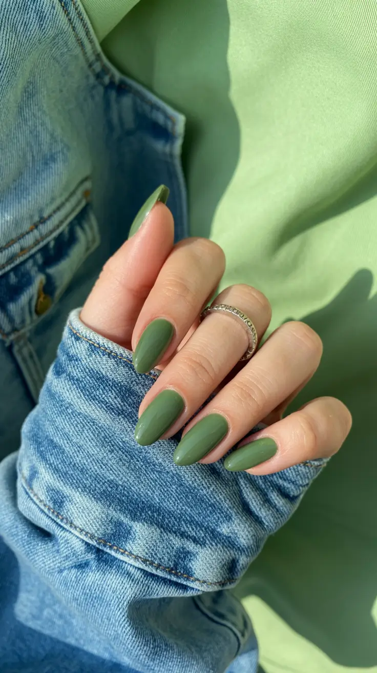best trendy spring nails 2026 Olive Gloss Almond - earthy elegance returns