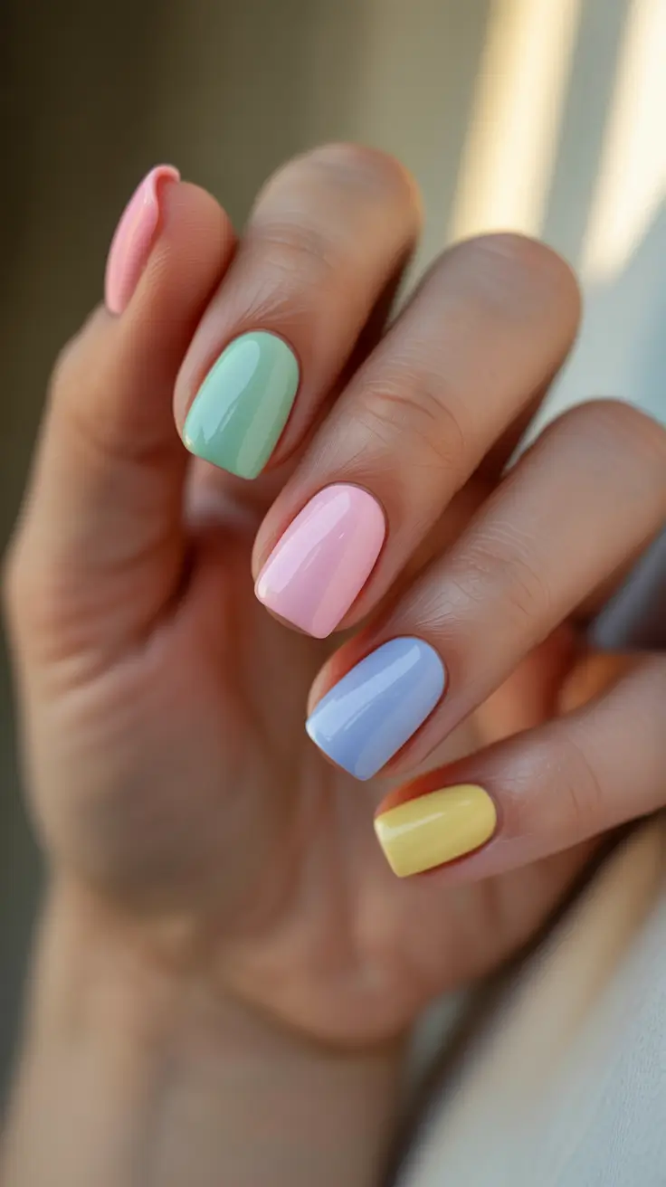 chic easy spring nail designs 2026 Soft Rainbow Pastels for a Lighthearted Finish