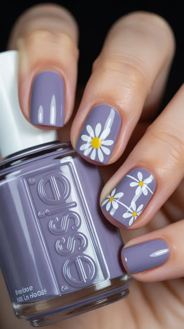 chic easy spring nail designs 2026 Muted Lavender with Playful Daisy Art