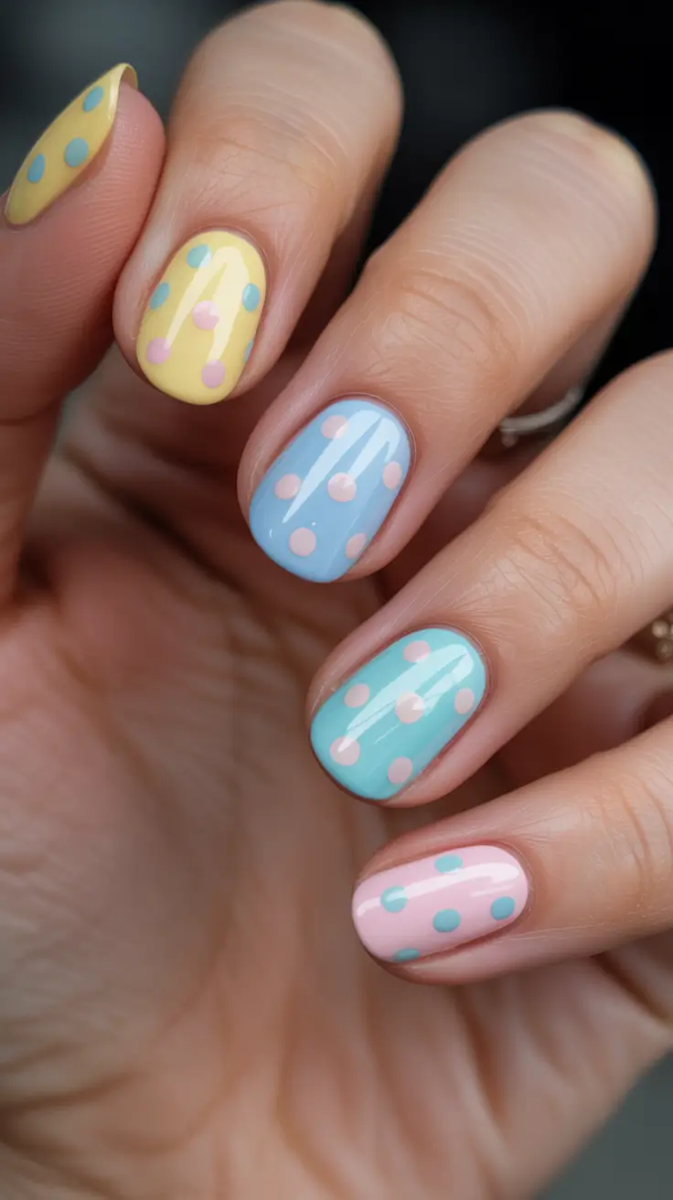 chic easy spring nail designs 2026 Soft Polka Dot Pastels in Playful Harmony