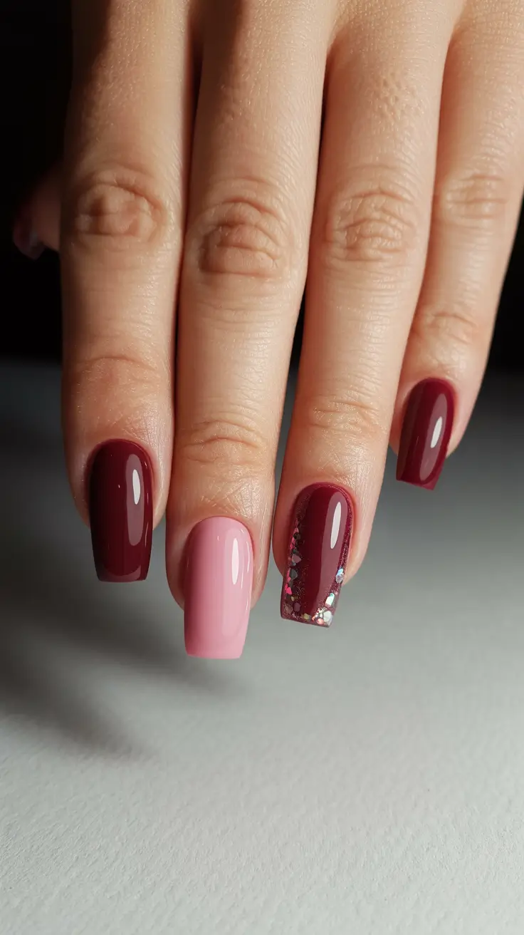 chic easy spring nail designs 2026 Deep Berry and Blush with Subtle Glitter Detail