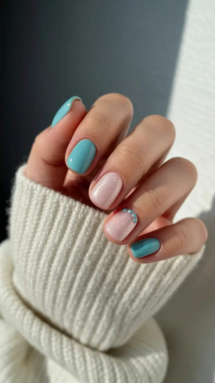 chic easy spring nail designs 2026 Teal and Blush with a Subtle Crystal Curve