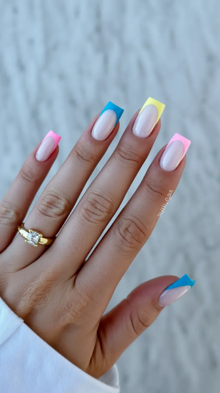 chic easy spring nail designs 2026 Color Block French in Candy Pastels