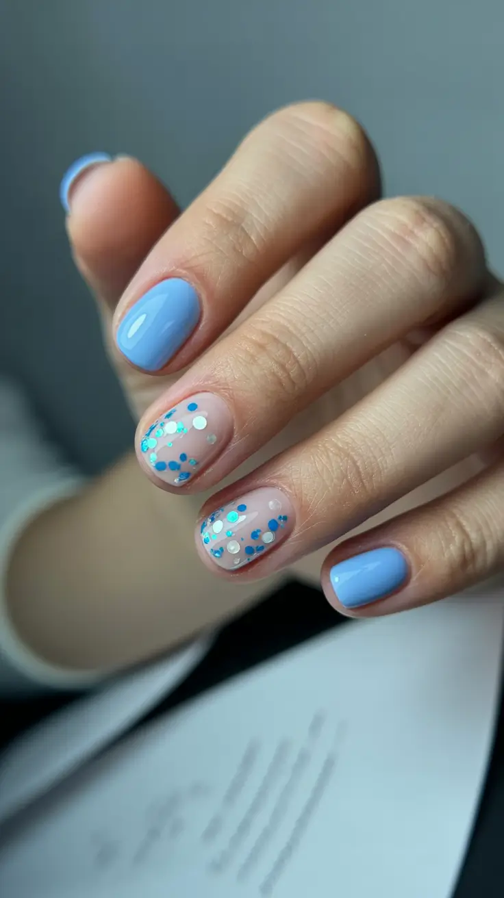 chic easy spring nail designs 2026 Sky Blue with Confetti Dot Accents