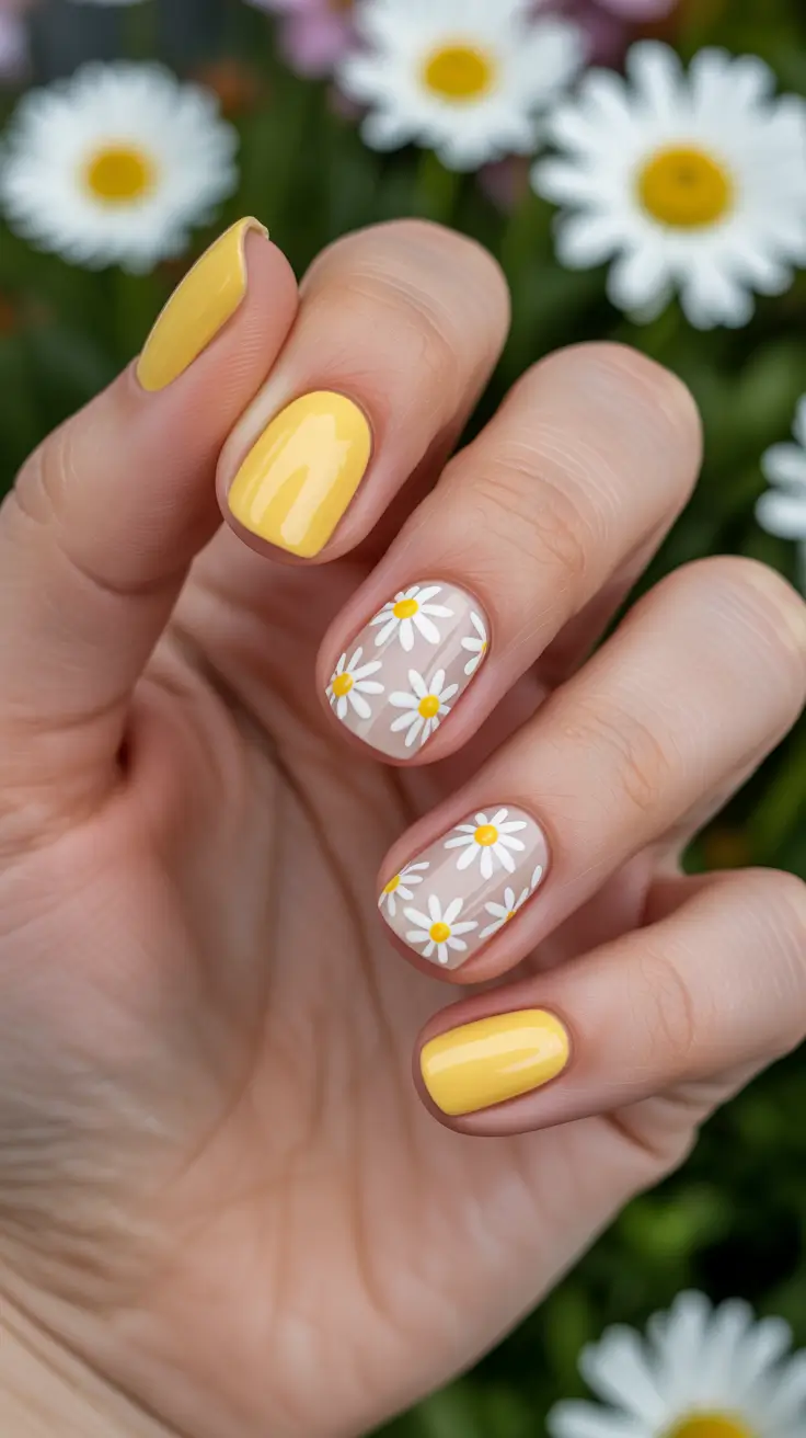 chic easy spring nail designs 2026 Sunshine Yellow with Classic Daisy Details