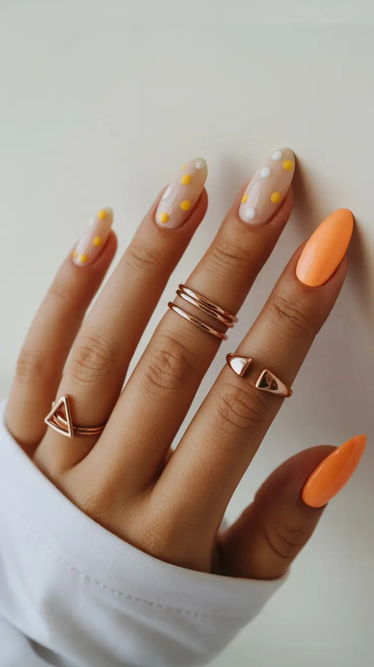 chic easy spring nail designs 2026 Soft Almond Orange with Delicate Polka Dot Accents